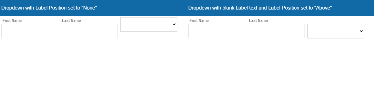 Left: Dropdown box label Position is set to "None". Right: Dropdown box label Position is set to "Above" and the Label text is blank.